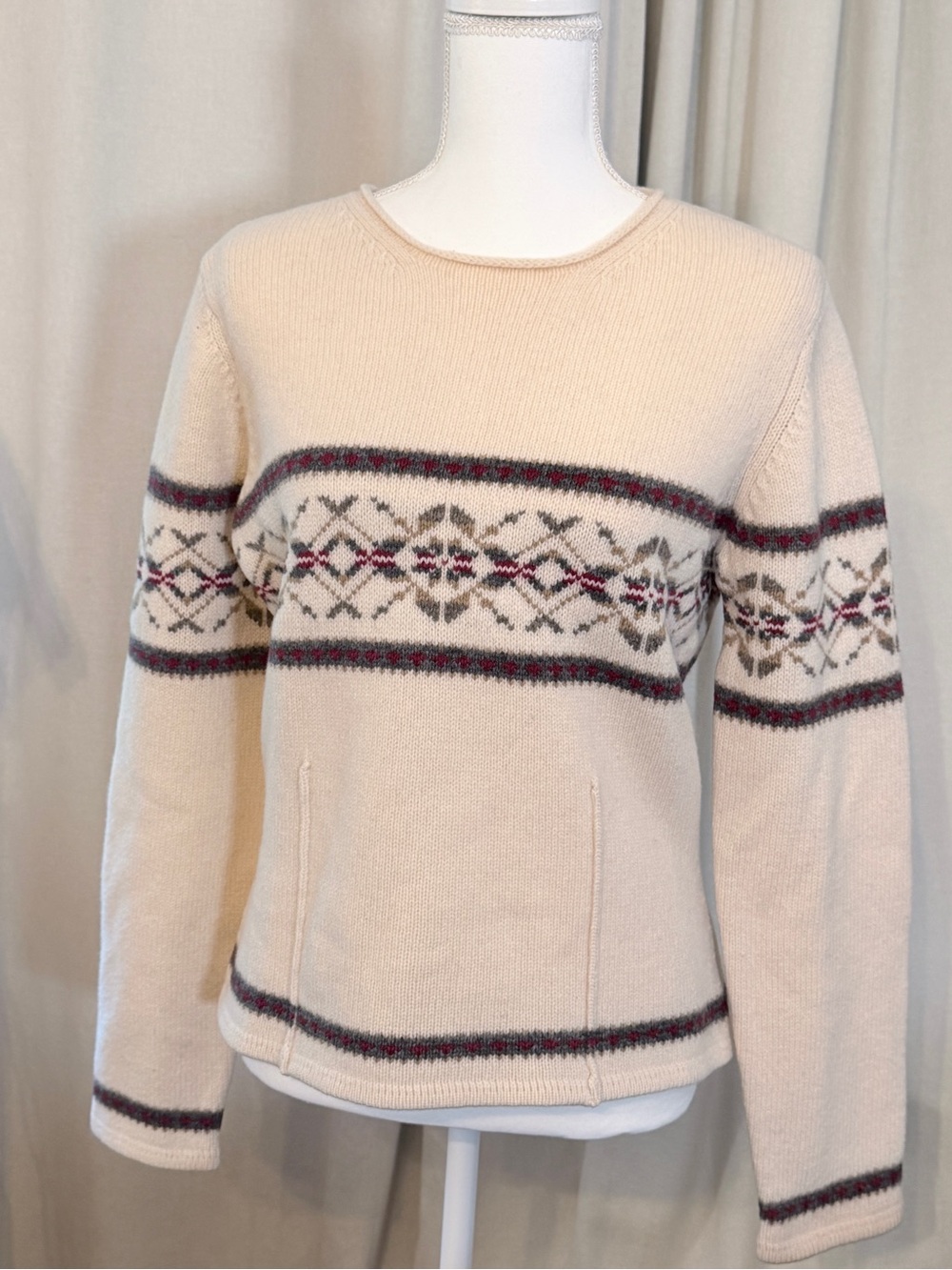 Vintage Eddie Bauer Womens Cream Fair Isle Lambswool Crewneck Sweater Medium M